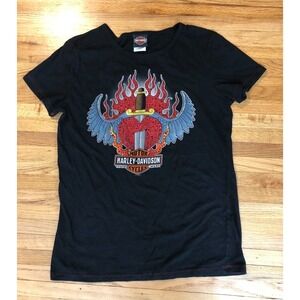 Vintage Harley-Davidson Women's Shirt XL Black Winged Heart‎ Dagger Flames Vegas